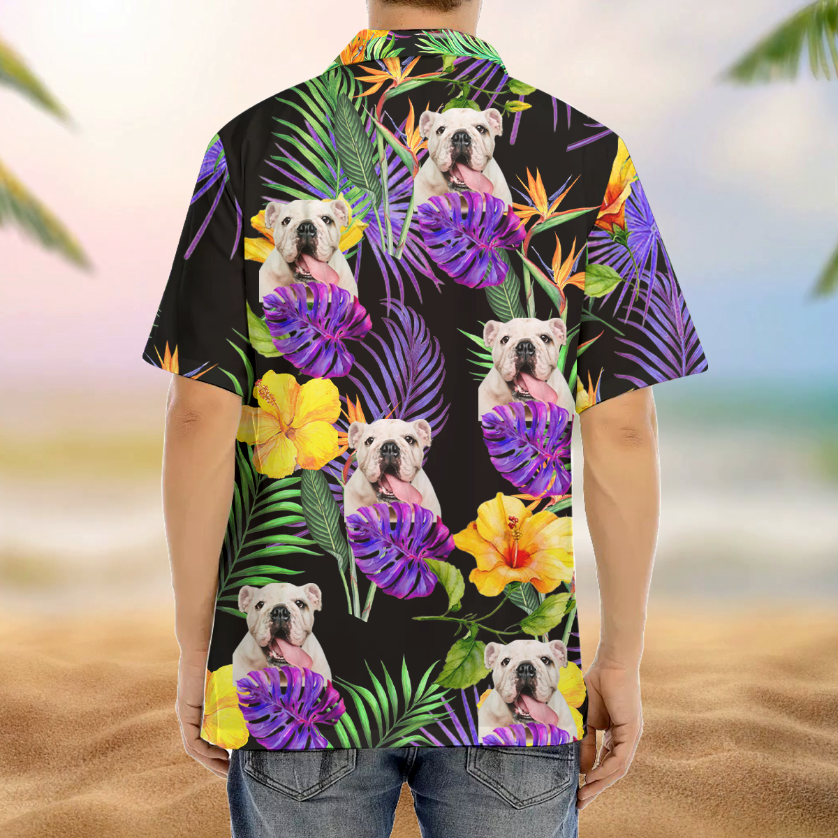 Custom Purple Palm Leaves Dog Men's Hawaiian Shirt, Dog Lover Gift