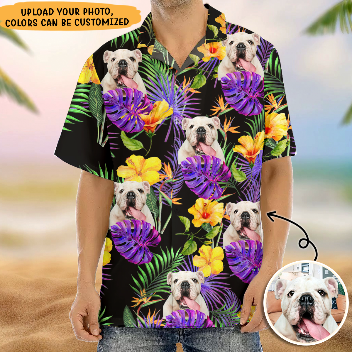 Custom Purple Palm Leaves Dog Men's Hawaiian Shirt, Dog Lover Gift