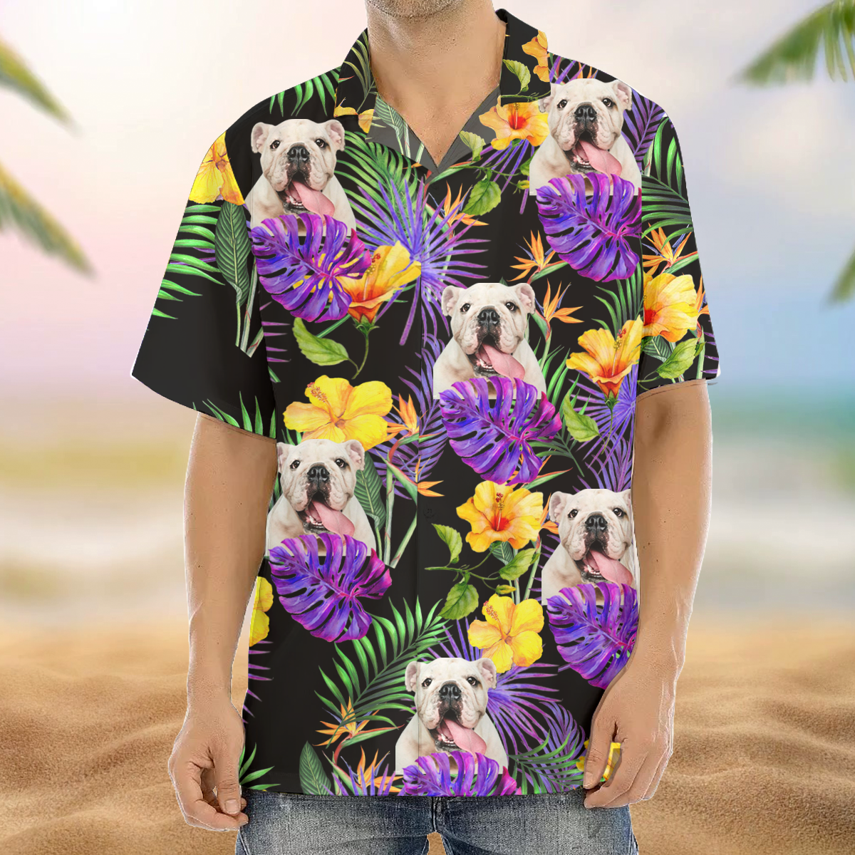 Custom Purple Palm Leaves Dog Men's Hawaiian Shirt, Dog Lover Gift