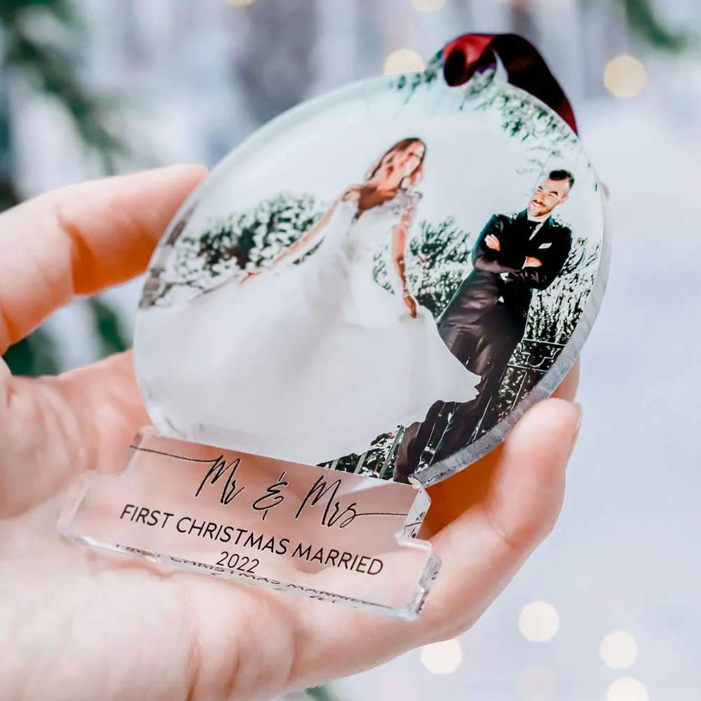 Custom Photo First Christmas Married Printed Acrylic Ornament, Wedding Couple Custom Gift