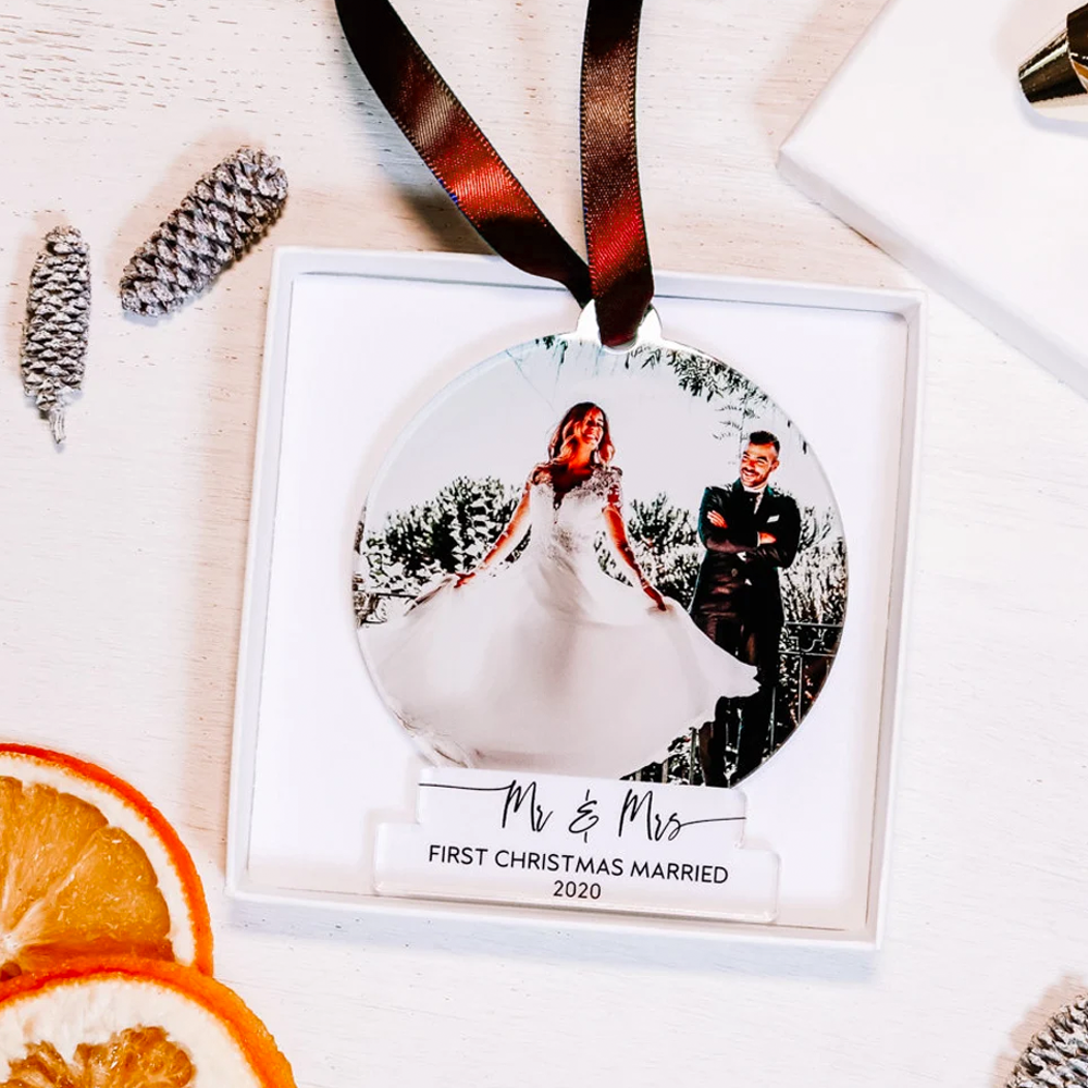 Custom Photo First Christmas Married Printed Acrylic Ornament, Wedding Couple Custom Gift