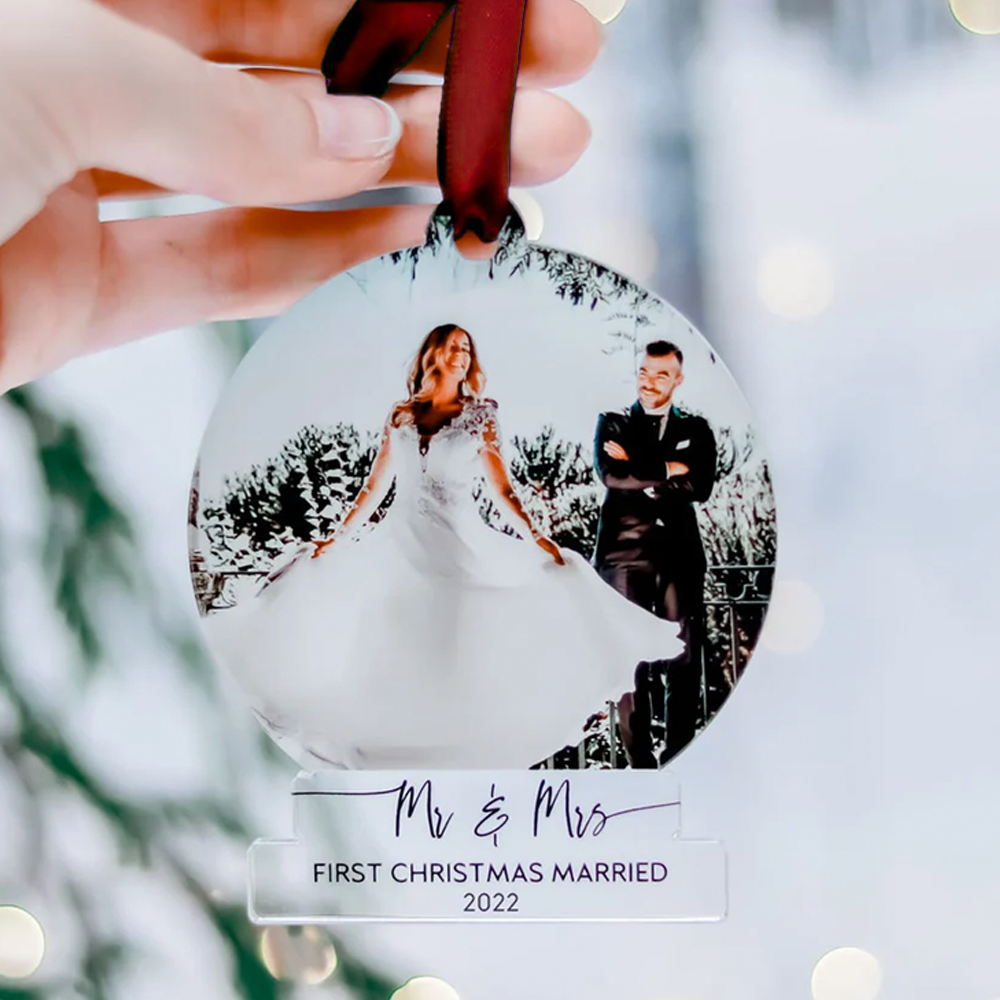 Custom Photo First Christmas Married Printed Acrylic Ornament, Wedding Couple Custom Gift