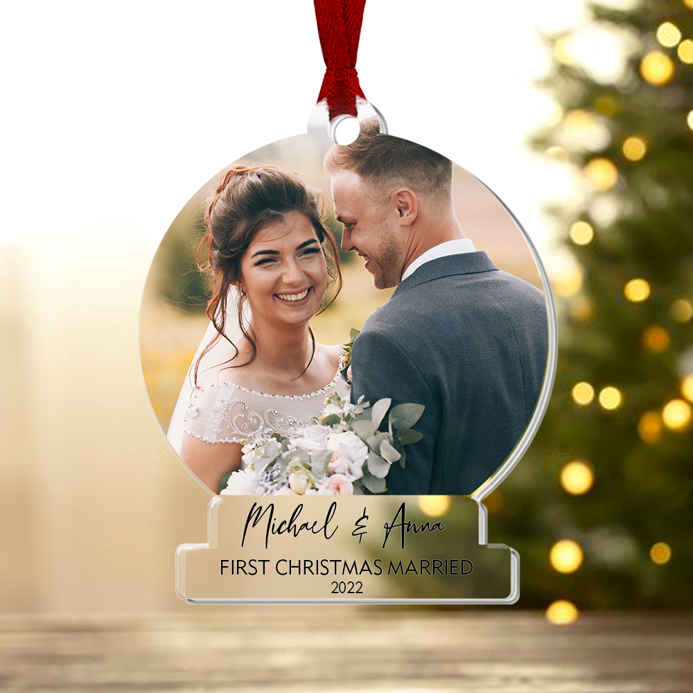 Custom Photo First Christmas Married Printed Acrylic Ornament, Wedding Couple Custom Gift