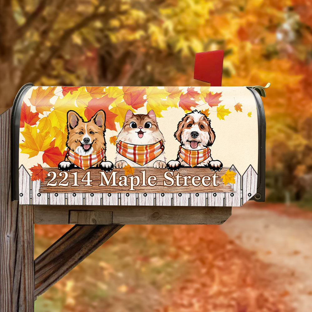 Personalized Mailbox Cover- Gift For Dog Cat Lovers- Hello Fall Maple Leaves