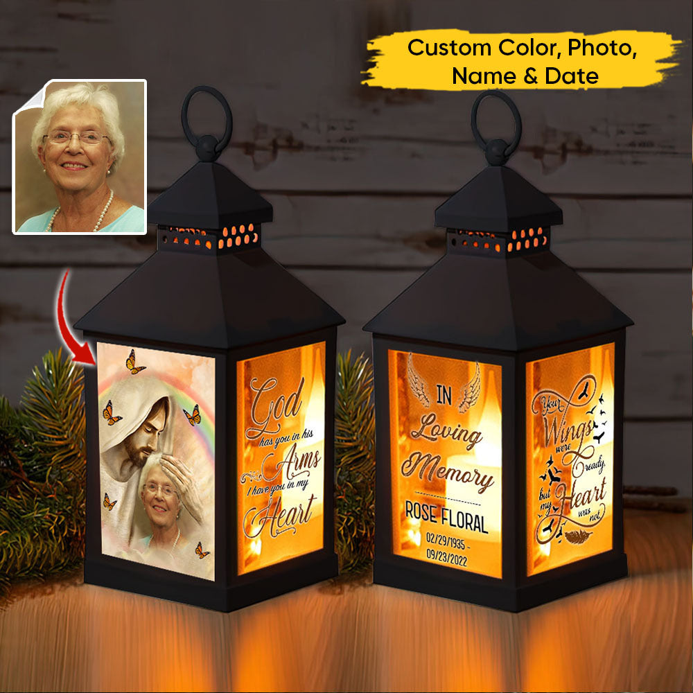 Colorful Background Upload Photo God Has You In His Arms Memorial Lantern II, Memorial Gift