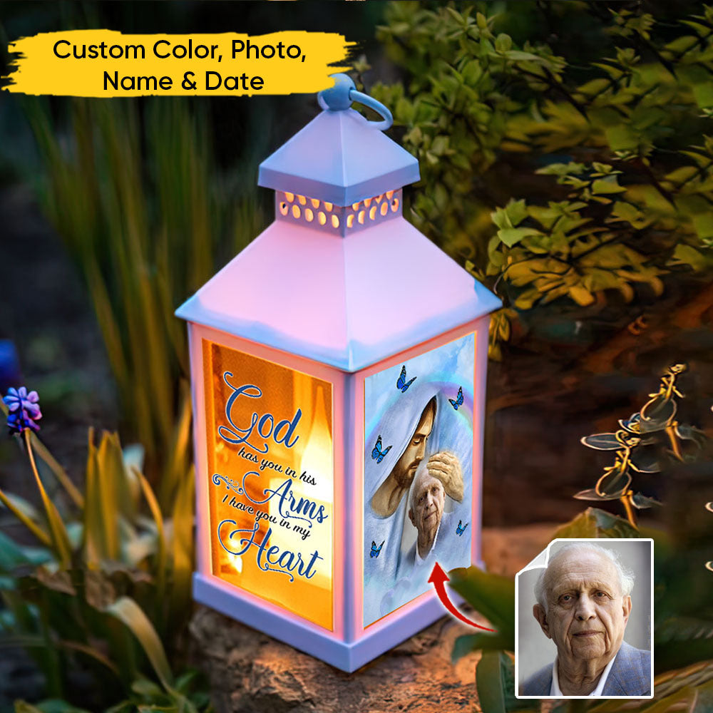 Colorful Background Upload Photo God Has You In His Arms Memorial Lantern II, Memorial Gift
