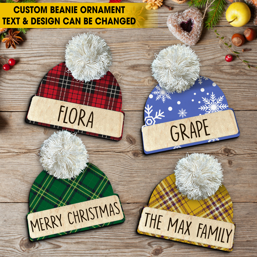 Custom Family Name Beanie Hat Ornament, Christmas Gift