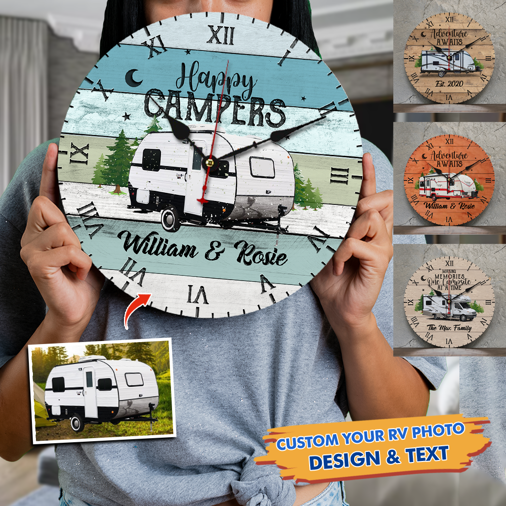 Custom RV Photo Happy Campers Camping Wall Wooden Clock, Gift For Camper