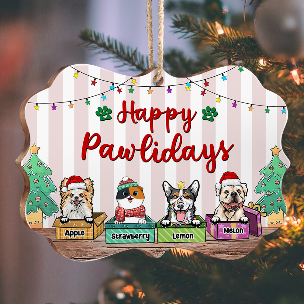 Custom Happy Pawlidays Dog Cat Printed Wood Ornament, Christmas Gift