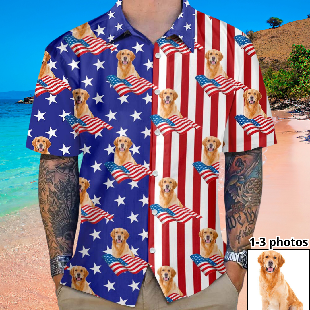 Personalized American Flag Face Photo Hawaiian Shirt, Summer Gift For Dog Cat Lovers