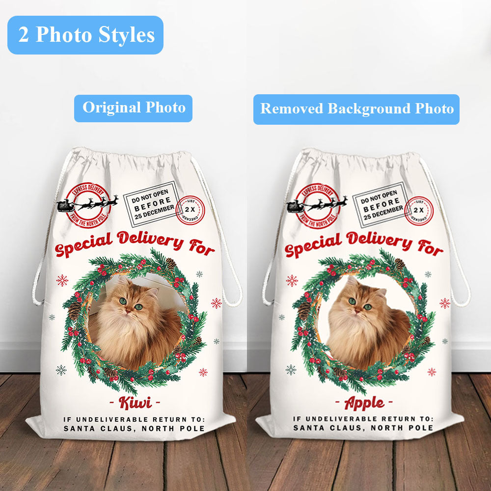 Personalized Santa Sack - Christmas Gift For Family & Pet Lover - Photo With Round Wreath