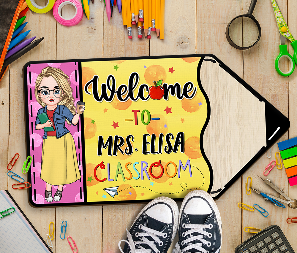 Custom Welcome To Teacher Classroom Pencil Shaped Doormat, Gift For Teacher