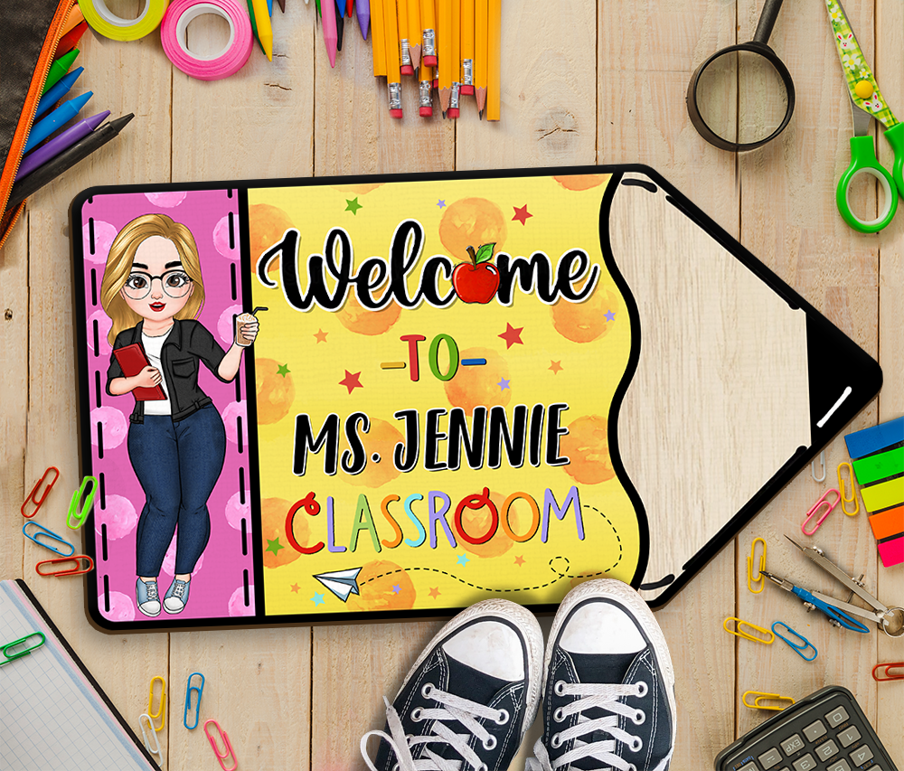 Custom Welcome To Teacher Classroom Pencil Shaped Doormat, Gift For Teacher