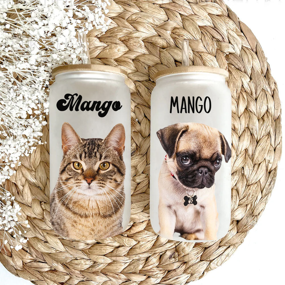 Custom Portrait Photo Glass Can With Lid & Straw, Pet Lover Gift