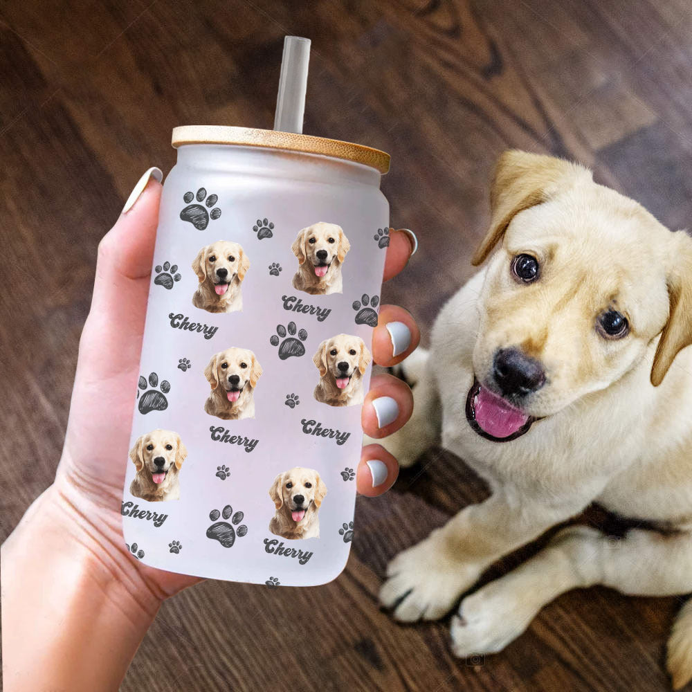 Custom Photo With Name Dog Cat Glass Can With Lid & Straw, Pet Lover Gift