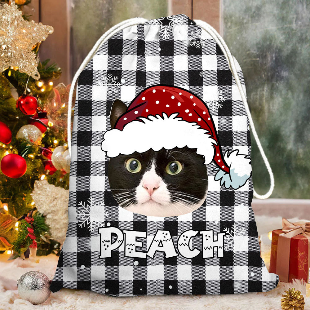 Personalized Santa Sack - Christmas Gift For Pet Lovers - Plaid Pattern Face Photo