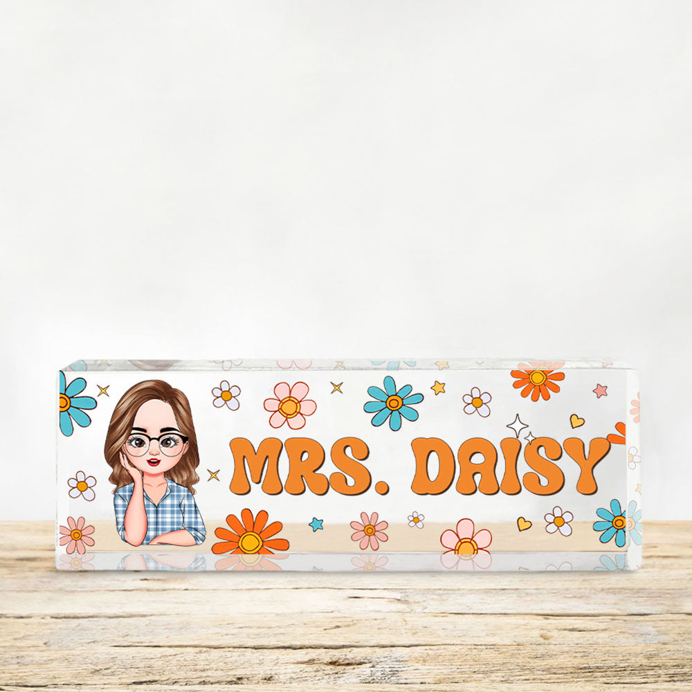 Custom Flowers Retro Magic Teacher Name Acrylic Desk Name Plate, Gift For Teacher