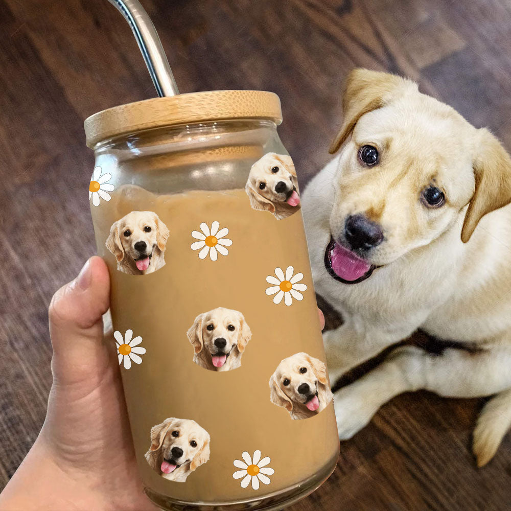 Custom Photo Face Glass Can With Lid & Straw, Pet Lover Gift