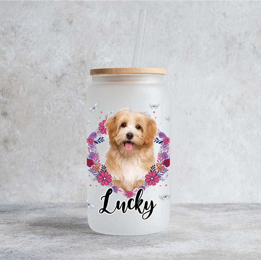 Personalized Multicolor Floral Butterfly Dog Cat Photo Glass Can With Lid & Straw