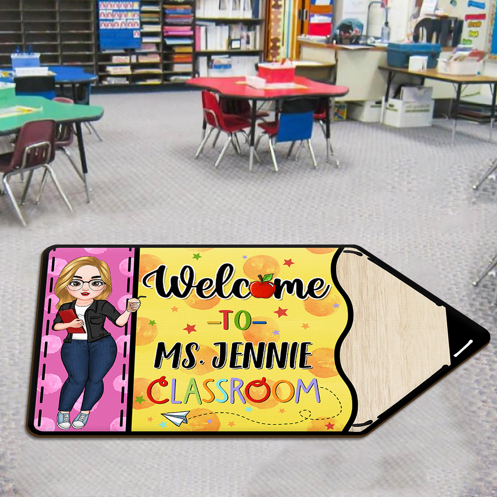 Custom Welcome To Teacher Classroom Pencil Shaped Doormat, Gift For Teacher