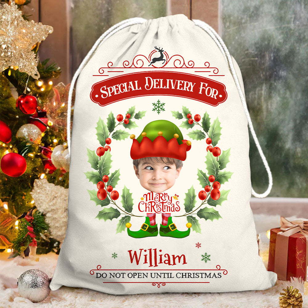 Personalized Santa Sack - Christmas Gift For Family - Holly Christmas Costume Face Photo