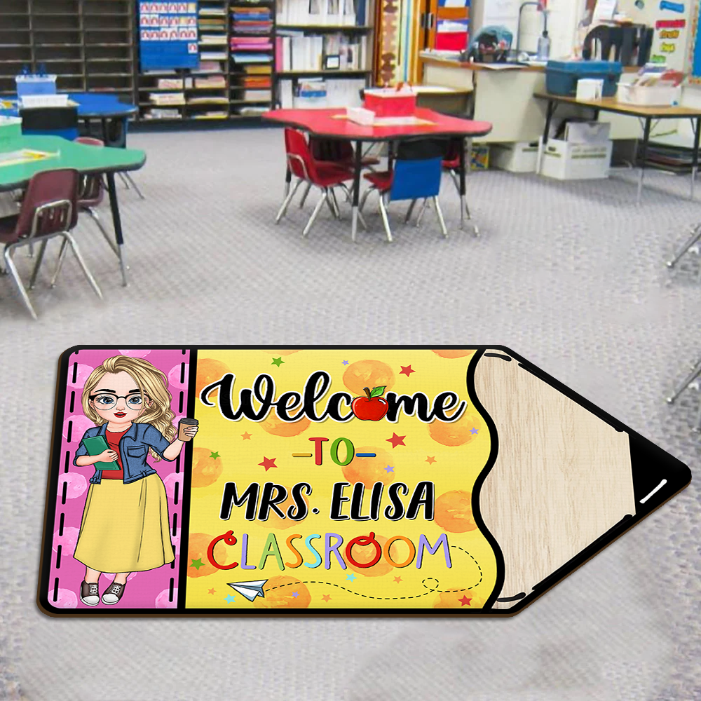 Custom Welcome To Teacher Classroom Pencil Shaped Doormat, Gift For Teacher