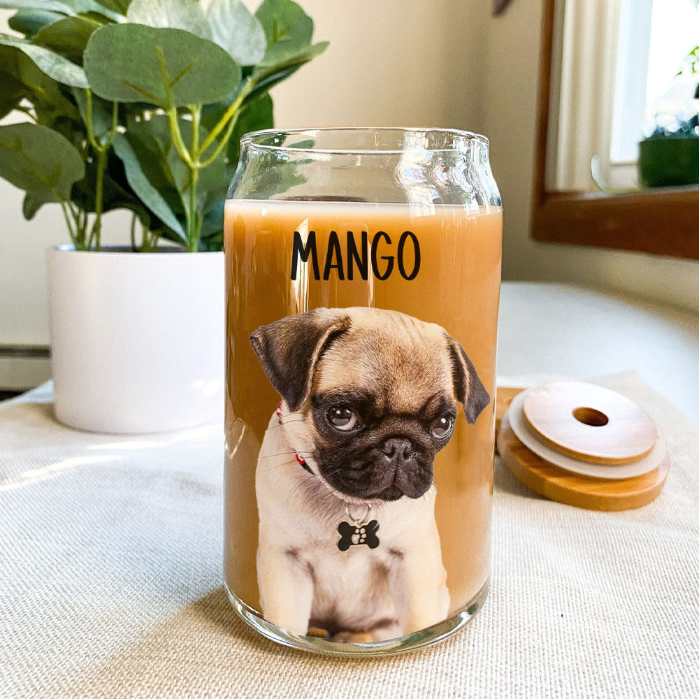 Custom Portrait Photo Glass Can With Lid & Straw, Pet Lover Gift