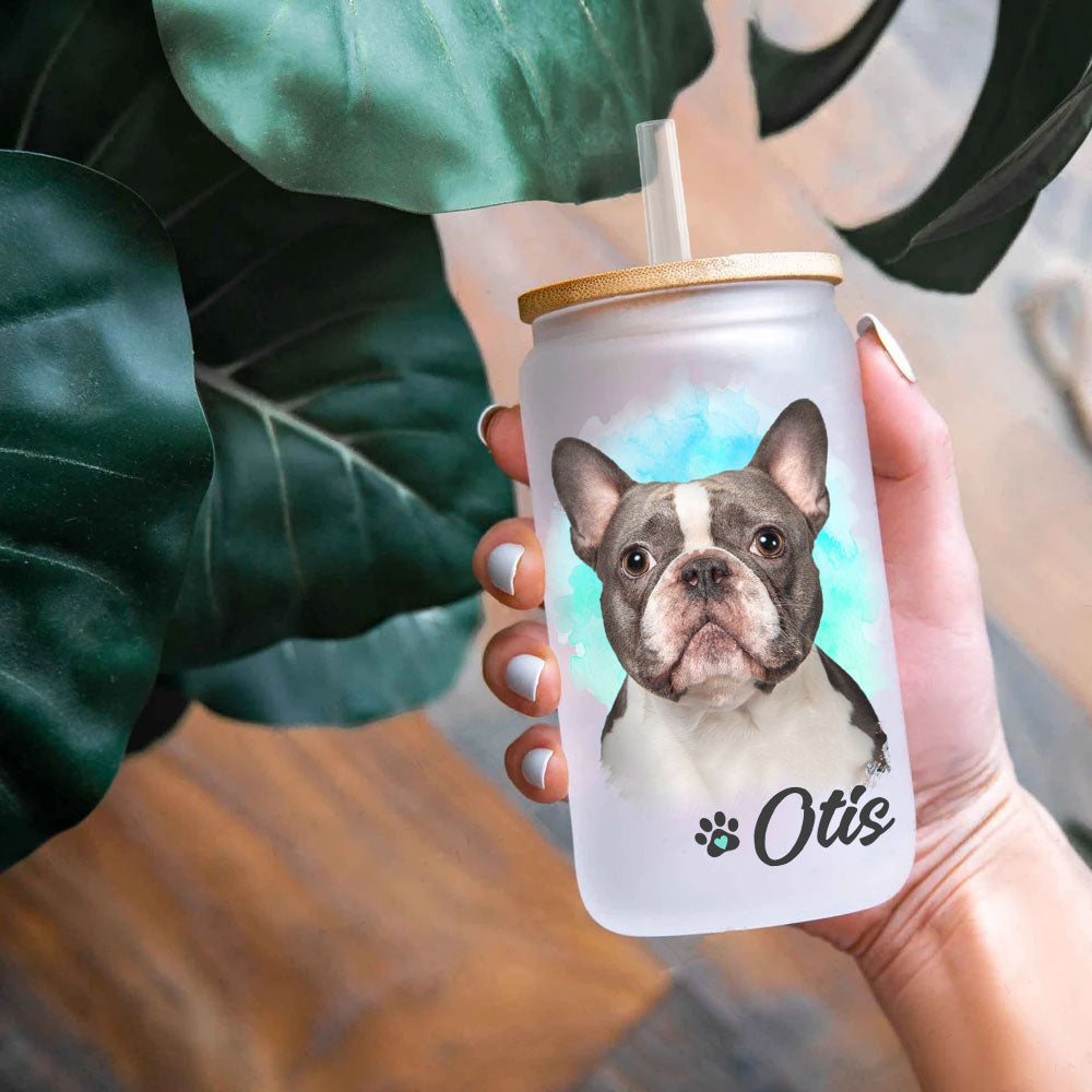 Custom Dog Cat Photo Portraits With Paws Glass Can With Lid & Straw, Pet Lover Gift