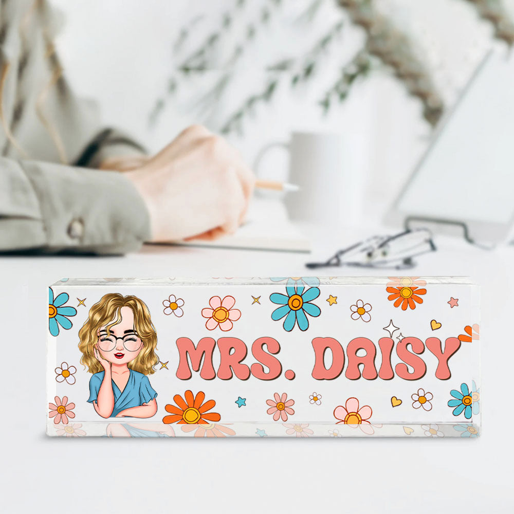 Custom Flowers Retro Magic Teacher Name Acrylic Desk Name Plate, Gift For Teacher