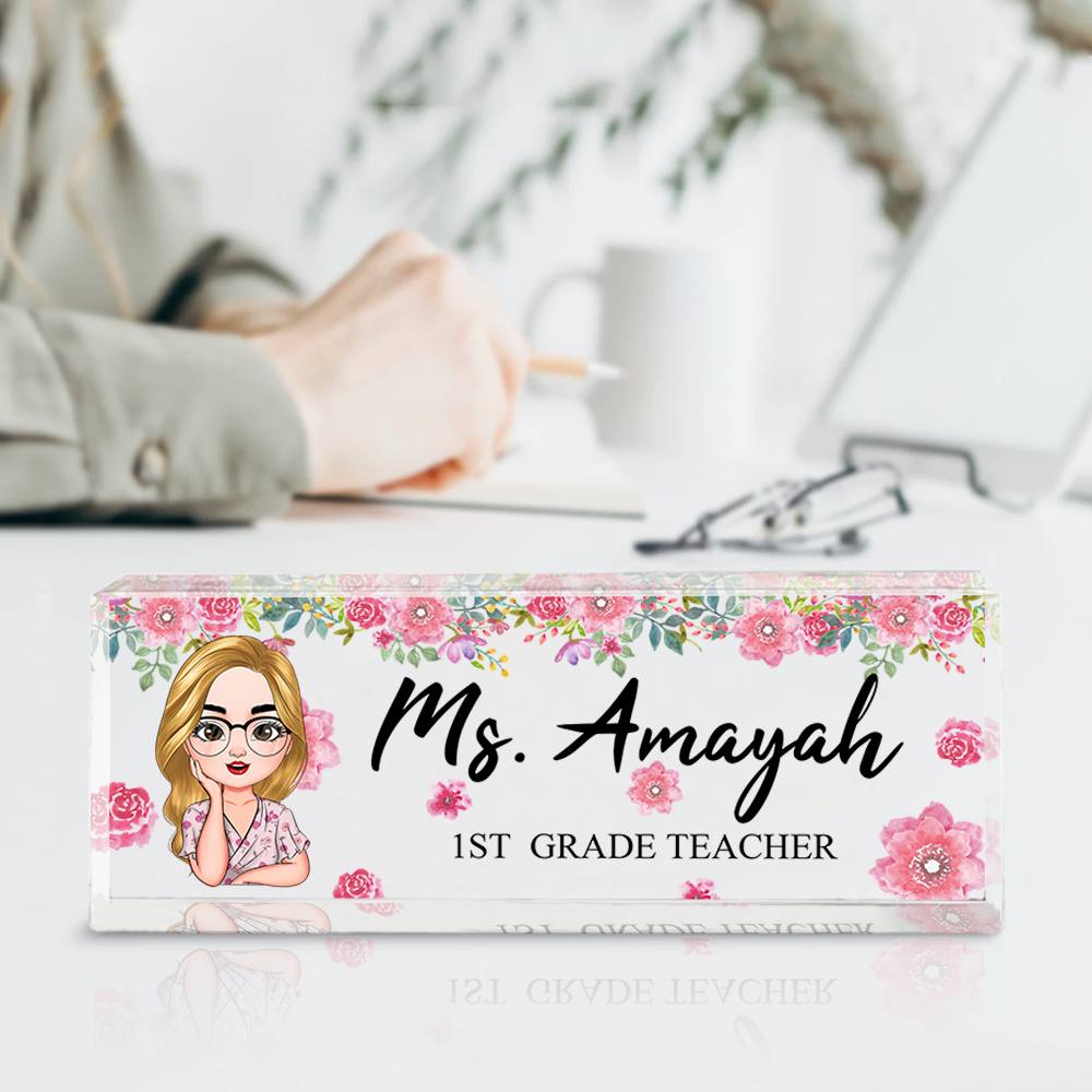 Personalized Teacher Floral Acrylic Name Plate For Desk, Gift For Teacher