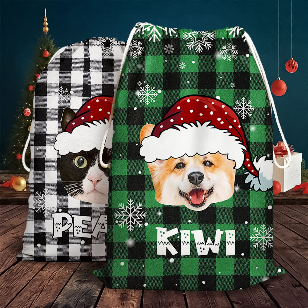 Personalized Santa Sack - Christmas Gift For Pet Lovers - Plaid Pattern Face Photo