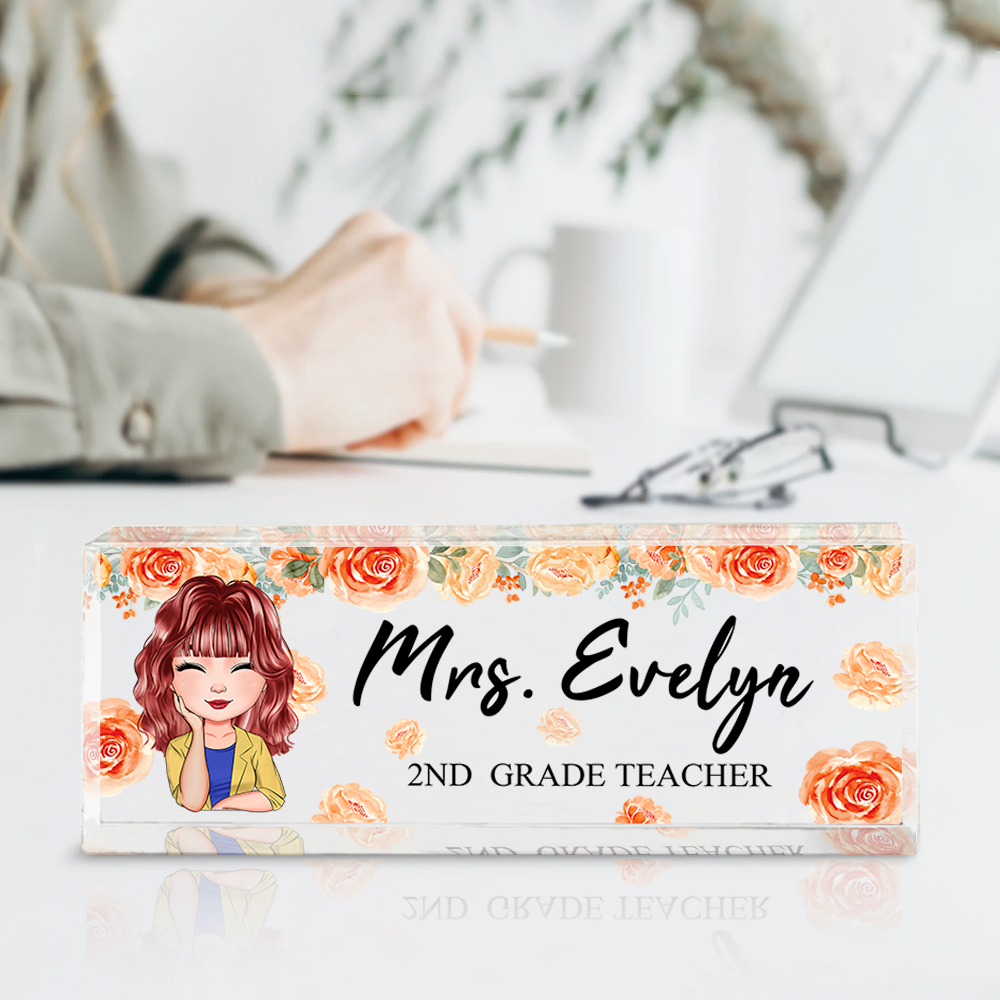 Personalized Teacher Floral Acrylic Name Plate For Desk, Gift For Teacher