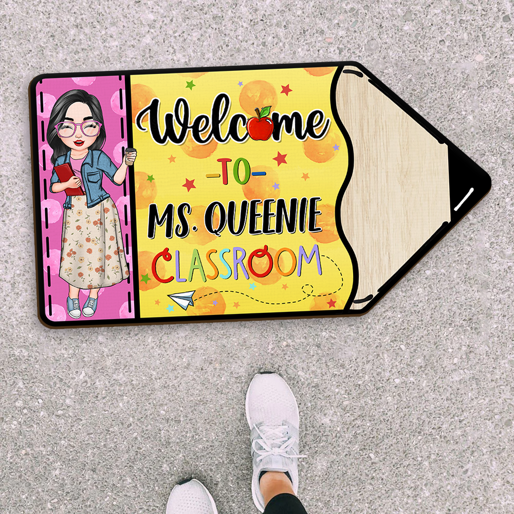 Custom Welcome To Teacher Classroom Pencil Shaped Doormat, Gift For Teacher