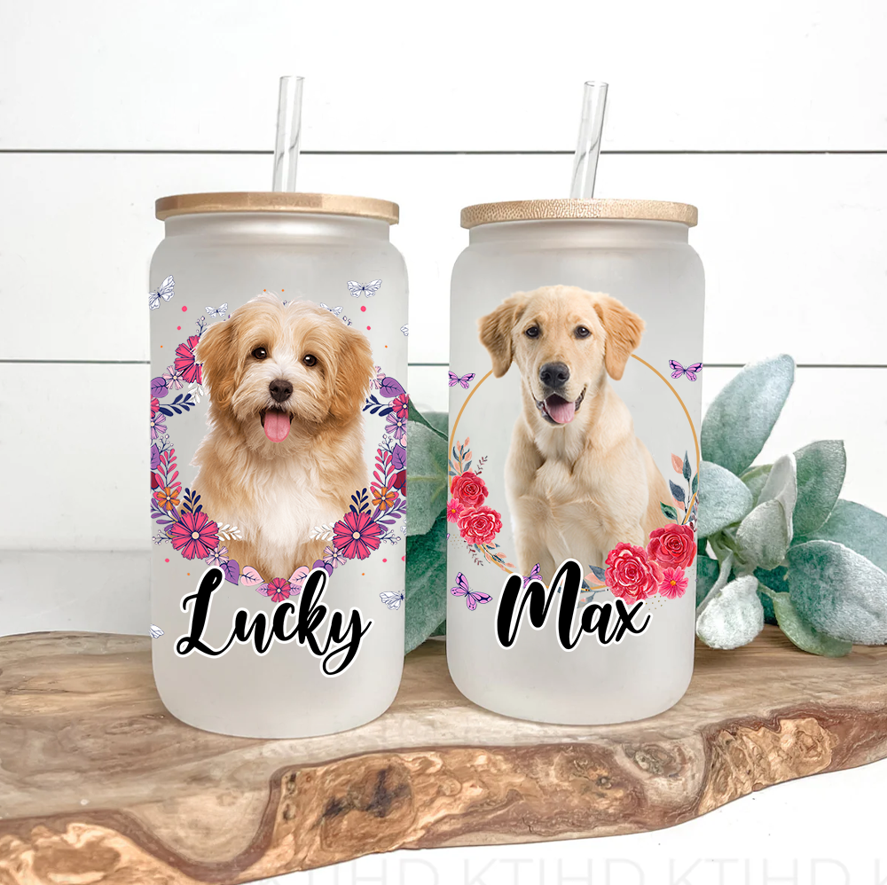 Personalized Multicolor Floral Butterfly Dog Cat Photo Glass Can With Lid & Straw