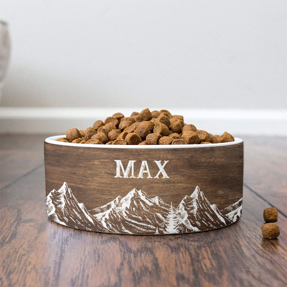 Mountain Rustic Faux Wood Pet Ceramic Bowl, Dog Lover Gift