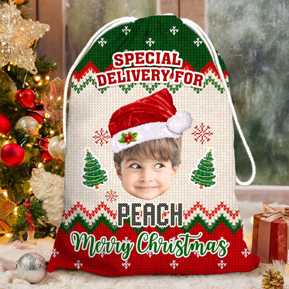 Personalized Santa Sack - Christmas Gift For Family - Ugly Sweater Pattern Face Photo