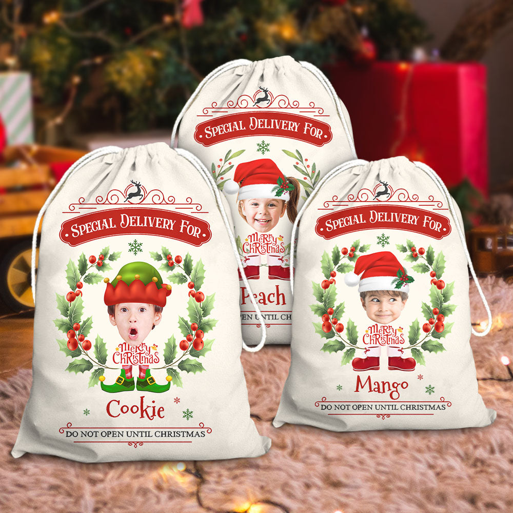 Personalized Santa Sack - Christmas Gift For Family - Holly Christmas Costume Face Photo