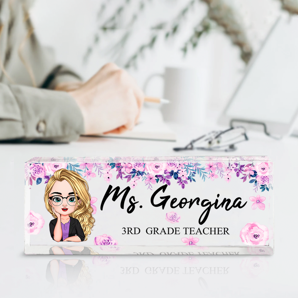 Personalized Teacher Floral Acrylic Name Plate For Desk, Gift For Teacher