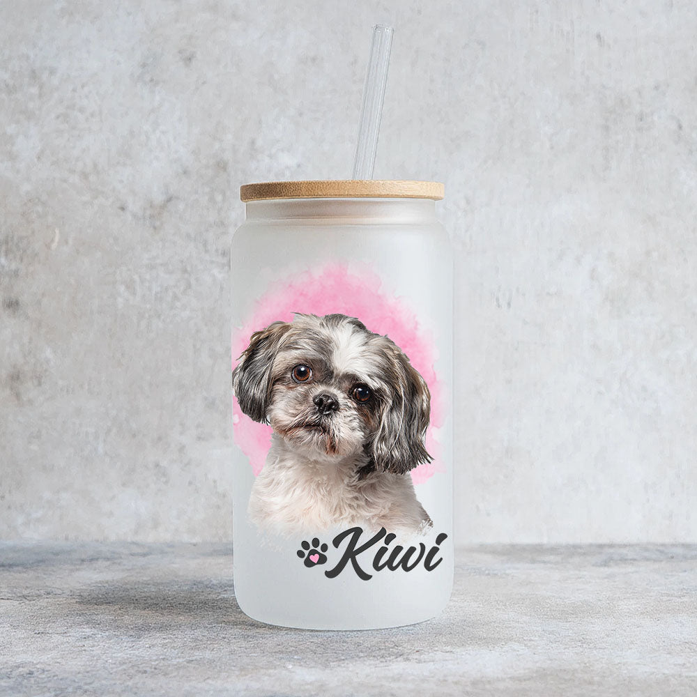 Custom Dog Cat Photo Portraits With Paws Glass Can With Lid & Straw, Pet Lover Gift