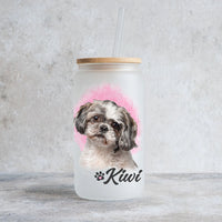 Thumbnail for Custom Dog Cat Photo Portraits With Paws Glass Can With Lid & Straw, Pet Lover Gift