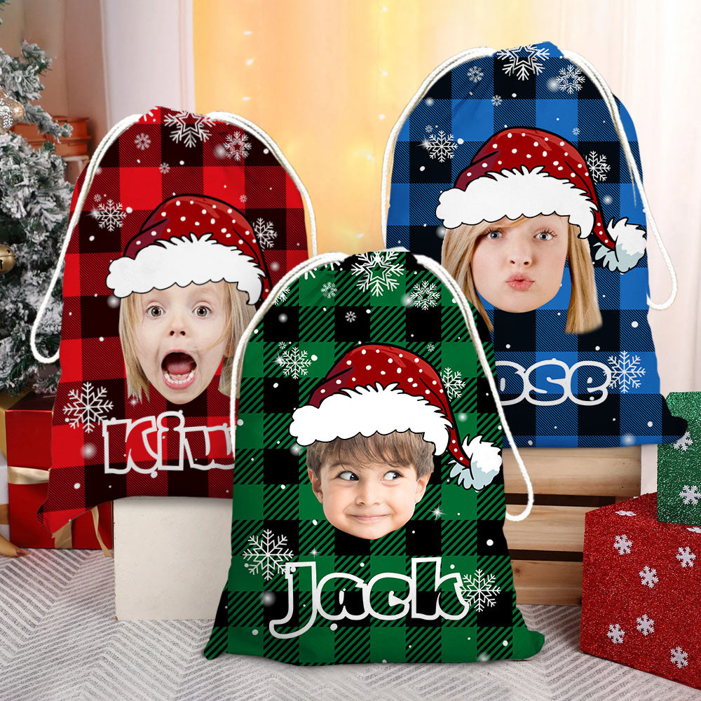 Personalized Santa Sack - Christmas Gift For Family - Plaid Pattern Face Photo