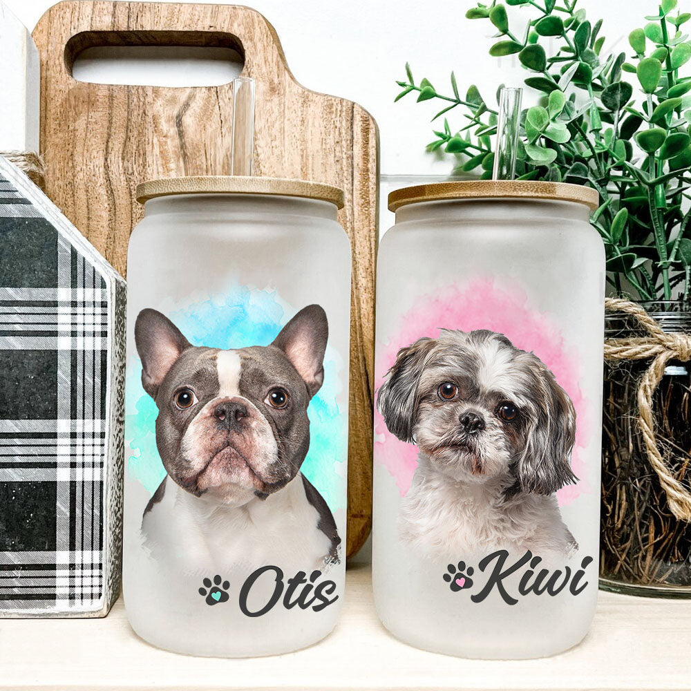 Custom Dog Cat Photo Portraits With Paws Glass Can With Lid & Straw, Pet Lover Gift