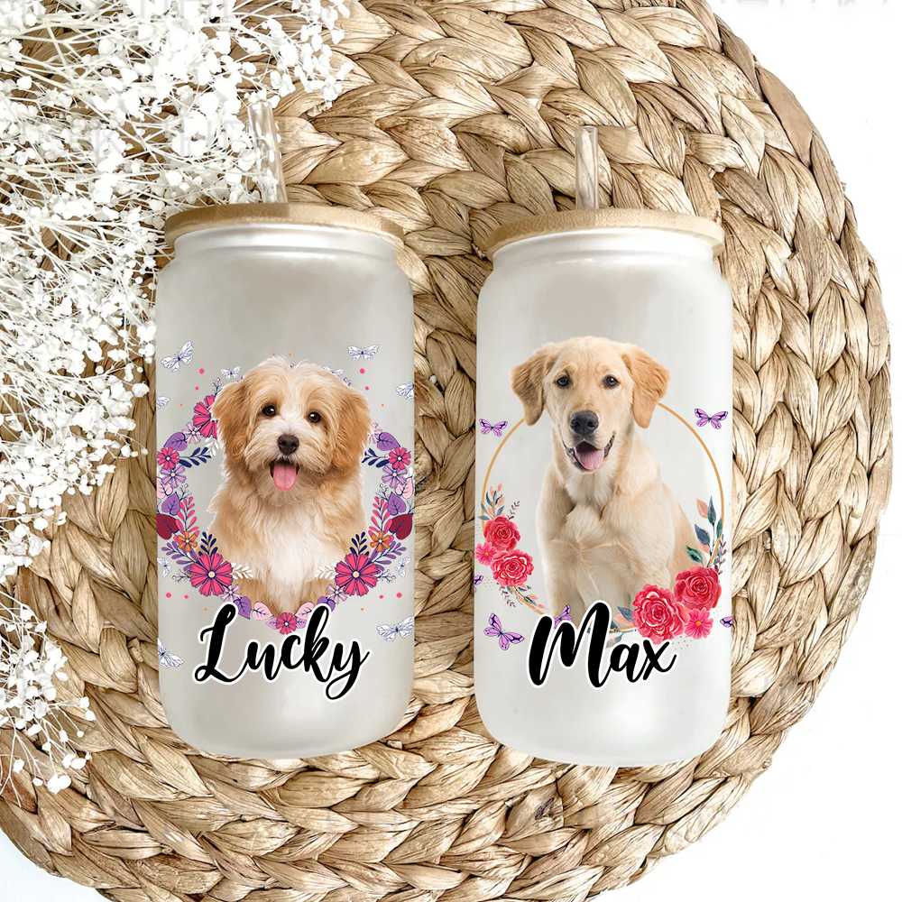 Personalized Multicolor Floral Butterfly Dog Cat Photo Glass Can With Lid & Straw