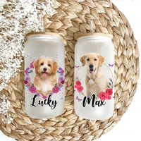 Thumbnail for Personalized Multicolor Floral Butterfly Dog Cat Photo Glass Can With Lid & Straw