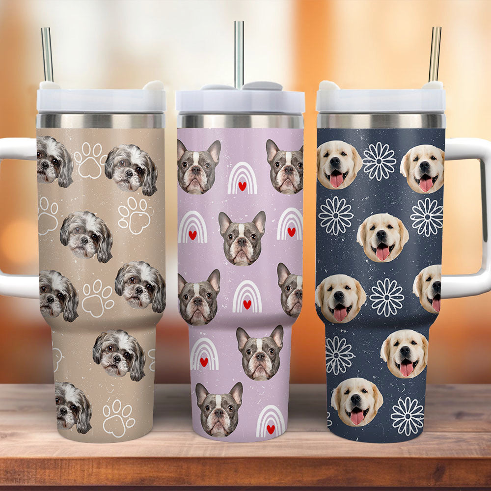 Personalized 40 oz Tumbler With Handle and Straw Lid - Gift For Pet Lovers - Dog Cat Face Photo Retro Style