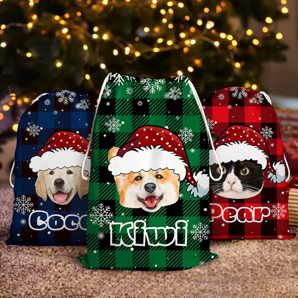 Personalized Santa Sack - Christmas Gift For Pet Lovers - Plaid Pattern Face Photo