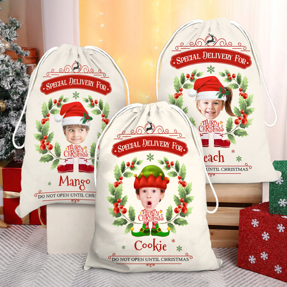 Personalized Santa Sack - Christmas Gift For Family - Holly Christmas Costume Face Photo