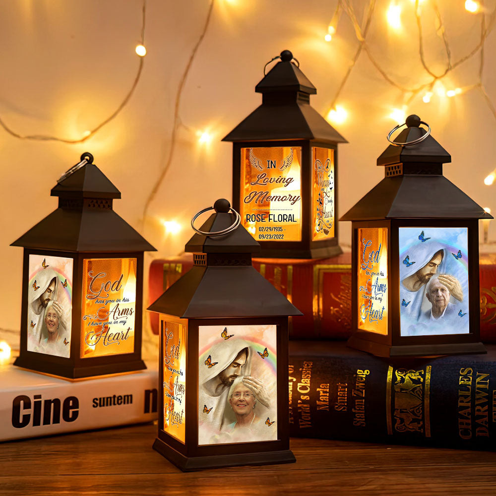 Colorful Background Upload Photo God Has You In His Arms Memorial Lantern II, Memorial Gift