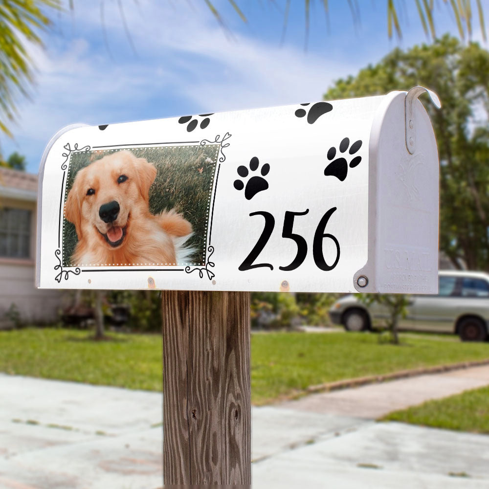 Paw Prints With Photo House Number Mailbox Cover, Pet Lover Gift