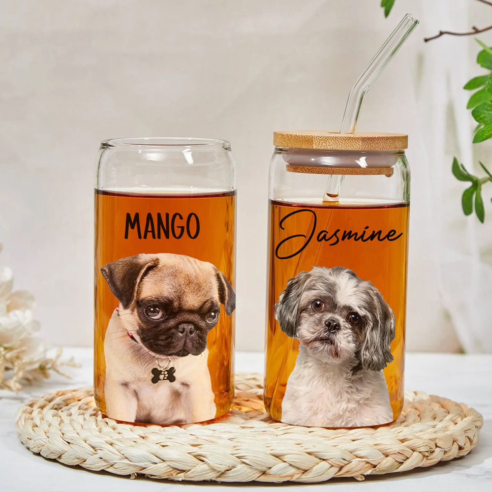 Custom Portrait Photo Glass Can With Lid & Straw, Pet Lover Gift